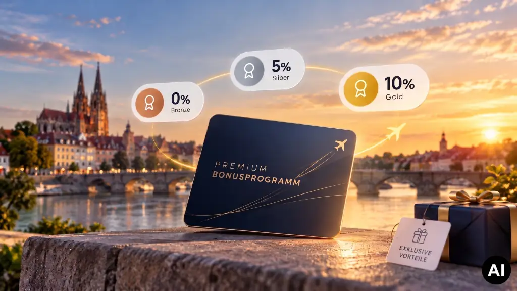 airortLiner Bonusprogramm Hero-Bild. Zu sehen ist im Hintergrund der Regensburger Dom und im Vordergrund die Vorteile des Bonusprogramms.